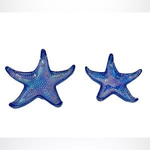 Pair Starfish Glass Candle Holder Trinket Jewelry Dishes Iridescent Blue Purple